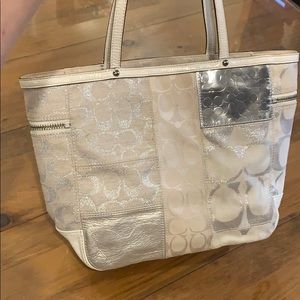 White and Silver Metalliac Bling Coach Bag